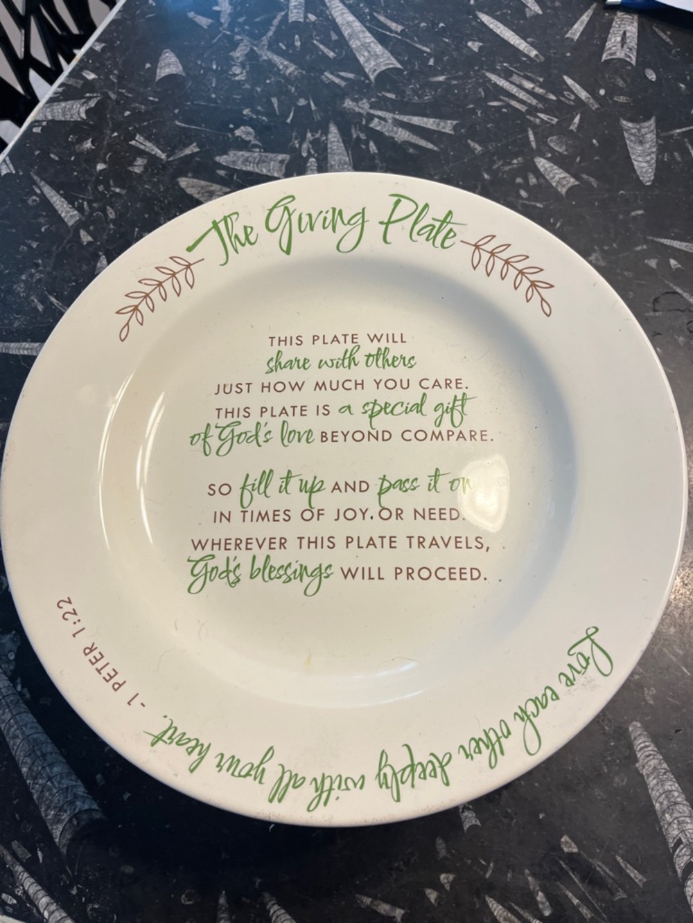 The Giving Plate Decorative Serving Plate - White with Green and Brown Script